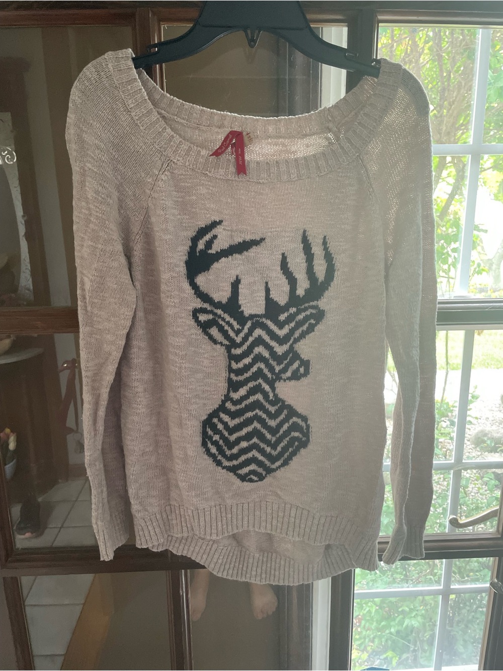 Beige Deer Motif Knit Sweater - Women's